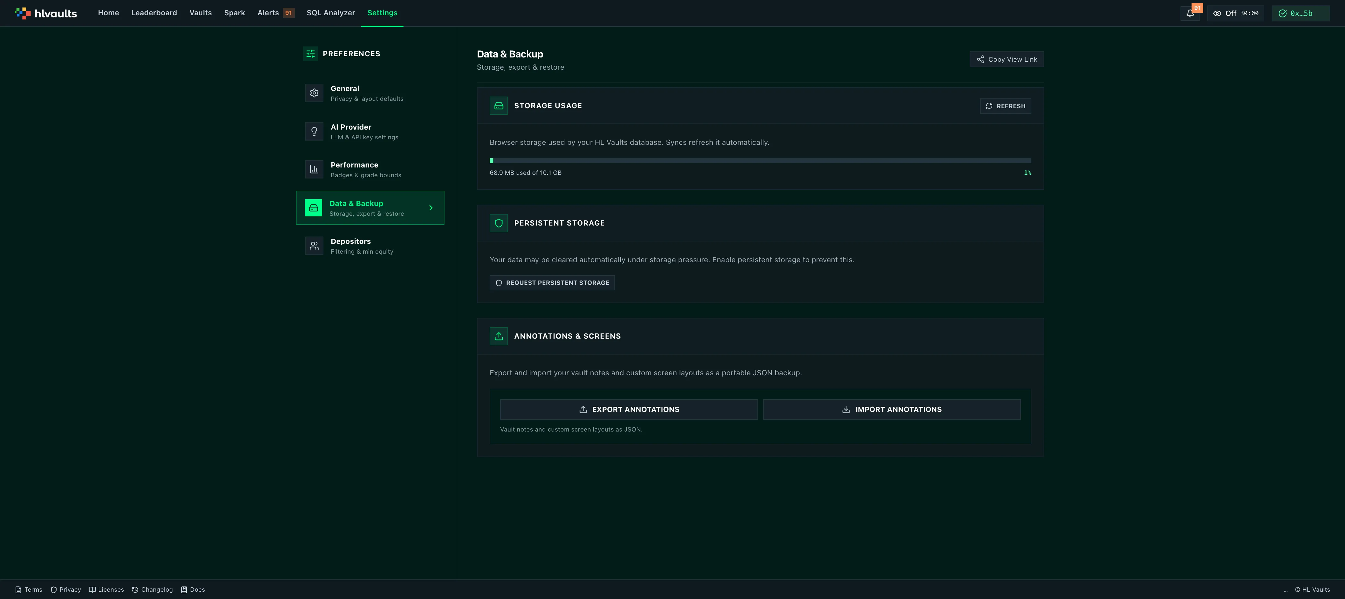 settings data tab